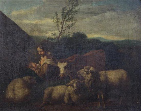 Follower of Jacob Van Der Dos (1623-1673) Virgin and child with a calf and sheep 8.5 x 10.5in.